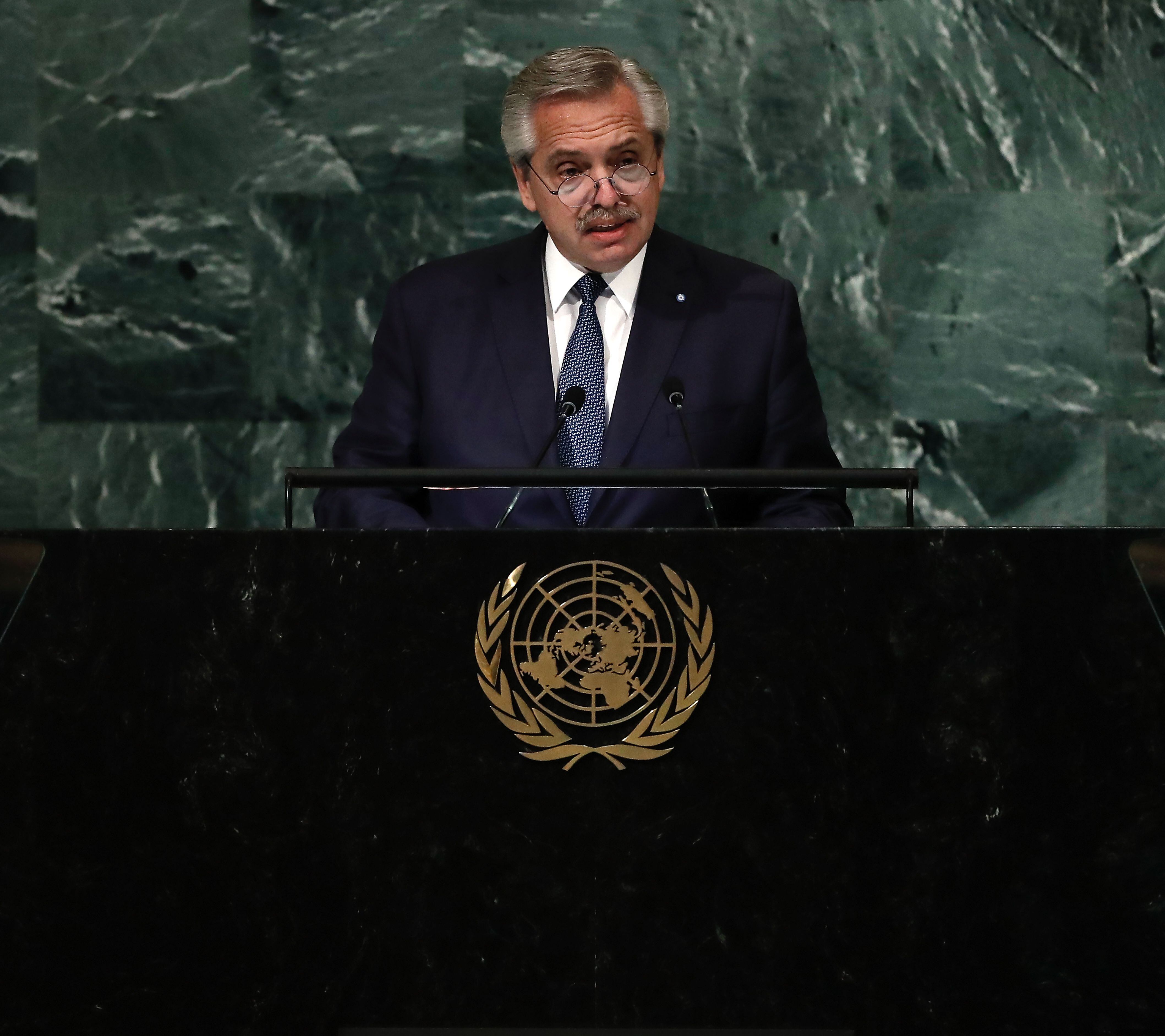 El presidente de Argentina, Alberto Fernández, fue registrado durante su intervención en la 77 Asamblea General de las Naciones Unidas, en la sede de la ONU, en Nueva York (NY, EE.UU.). 