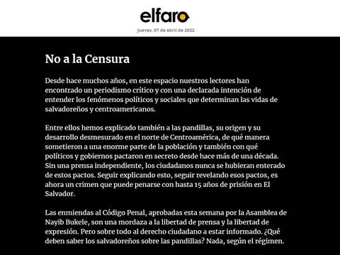Diario El Faro cierra su web por un día en protesta por la censura del régimen de Nayib Bukele en El Salvador