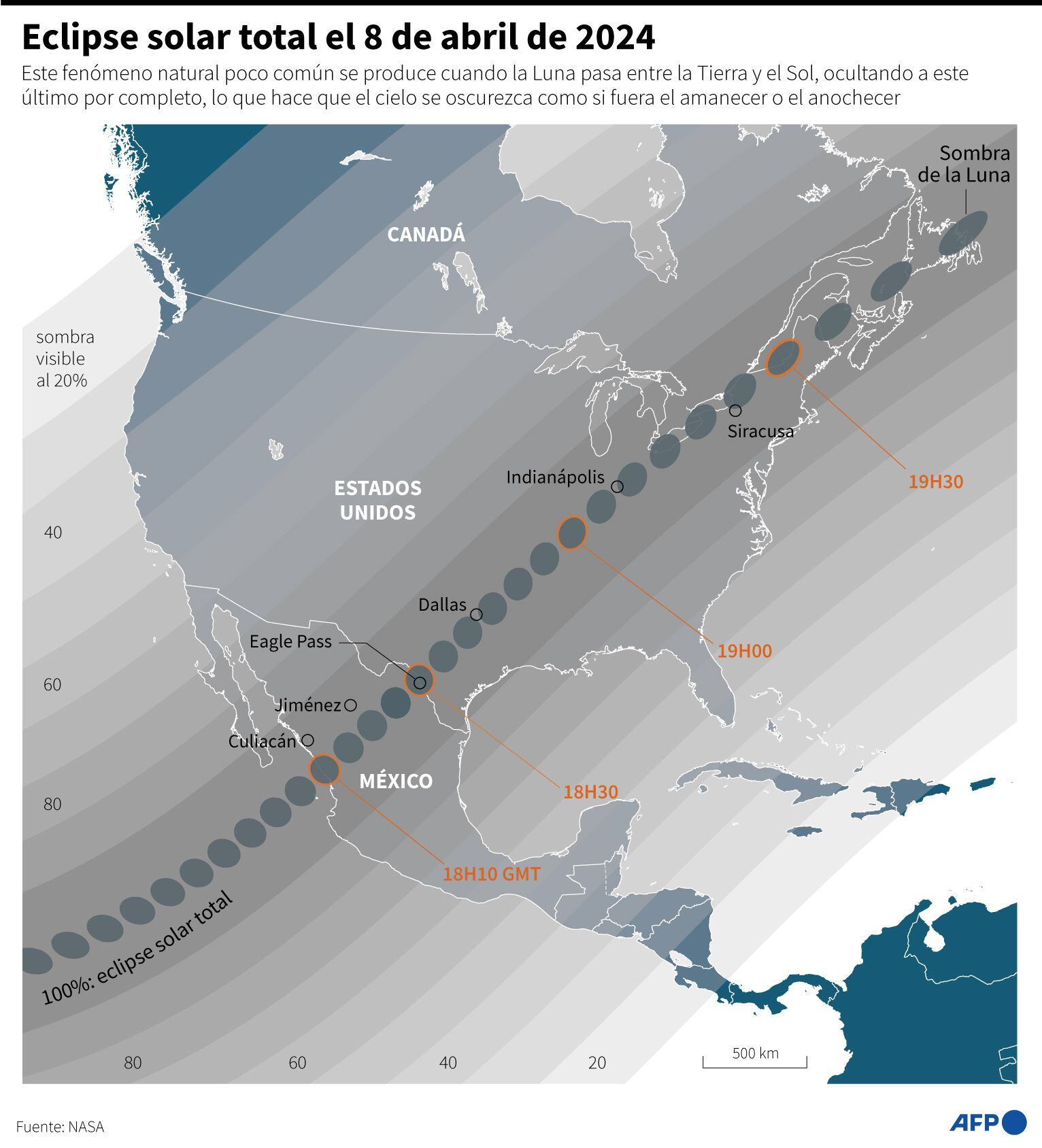 Mapa con las zonas de México, Estados Unidos y Canadá donde la sombra de la Luna cubrir completamente el Sol, lo que provocará un eclipse solar total el 8 de abril de 2024.
