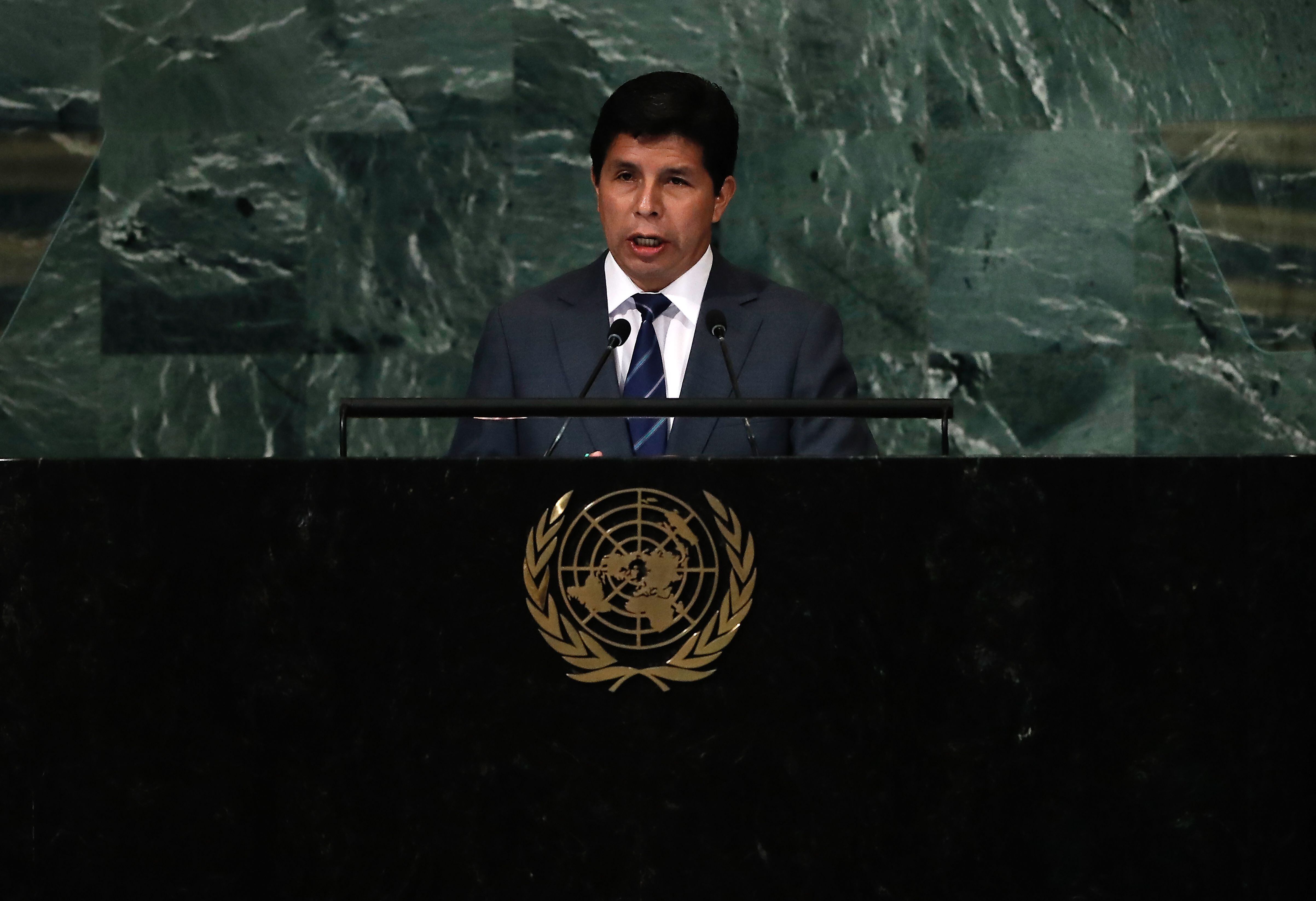 El presidente de Perú, Pedro Castillo, fue registrado este martes, 20 de septiembre, al intervenir en la 77 Asamblea General de las Naciones Unidas, en la sede de la ONU, en Nueva York (NY, EE.UU.). 