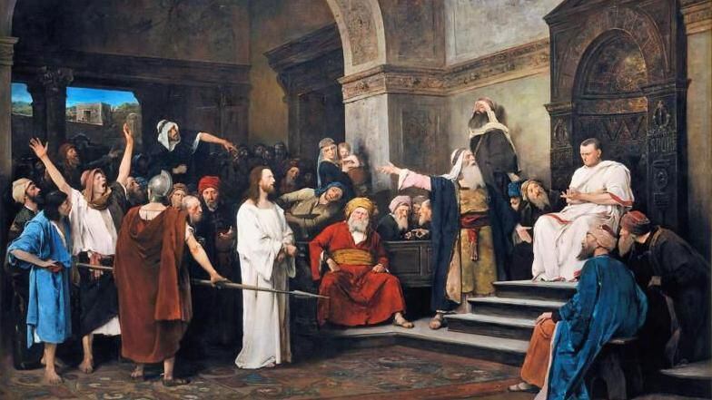 Jesús siendo juzgado por Pilato en una pintura de 1881 de Mihály Munkácsy.