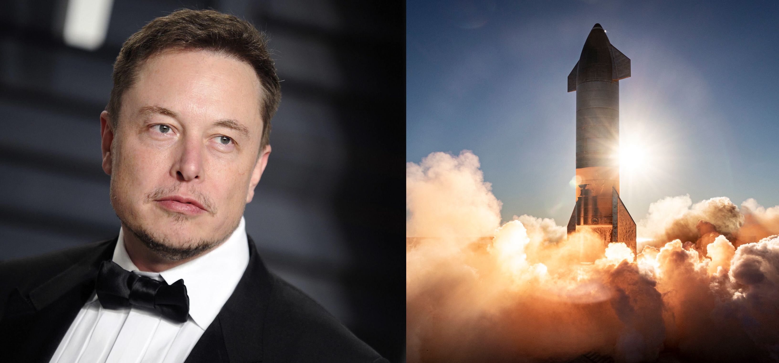 Izquierda: Elon Musk, CEO de SpaceX. Derecha: El prototipo del cohete número 8 de serie Starship de SpaceX, lanzado el 8 de diciembre de 2020 desde una plataforma en Boca Chica, Texas.