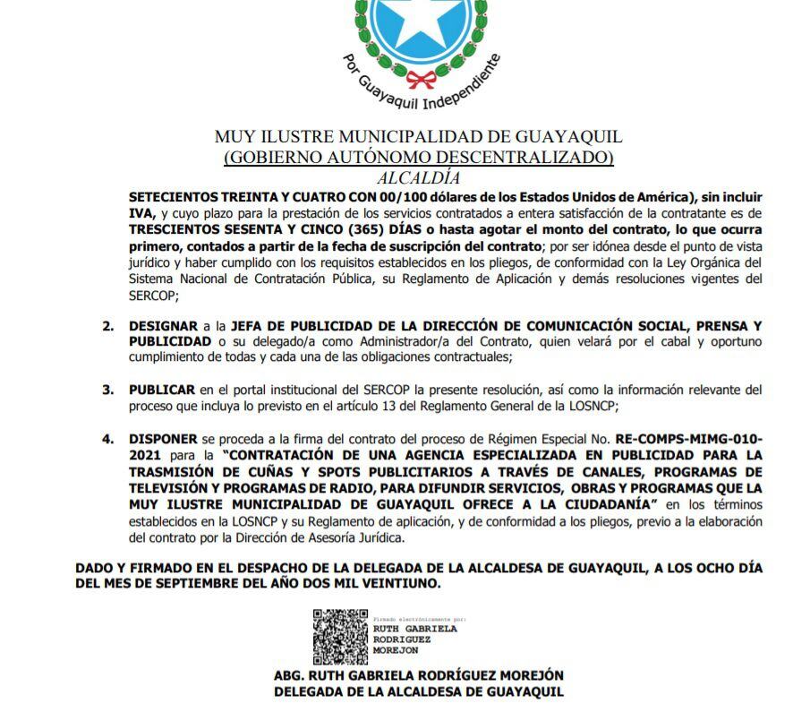 El documento en el que consta la adjudicación a empresa por casi 3 millones de dólares para publicidad de servicios y obras del Municipio de Guayaquil.