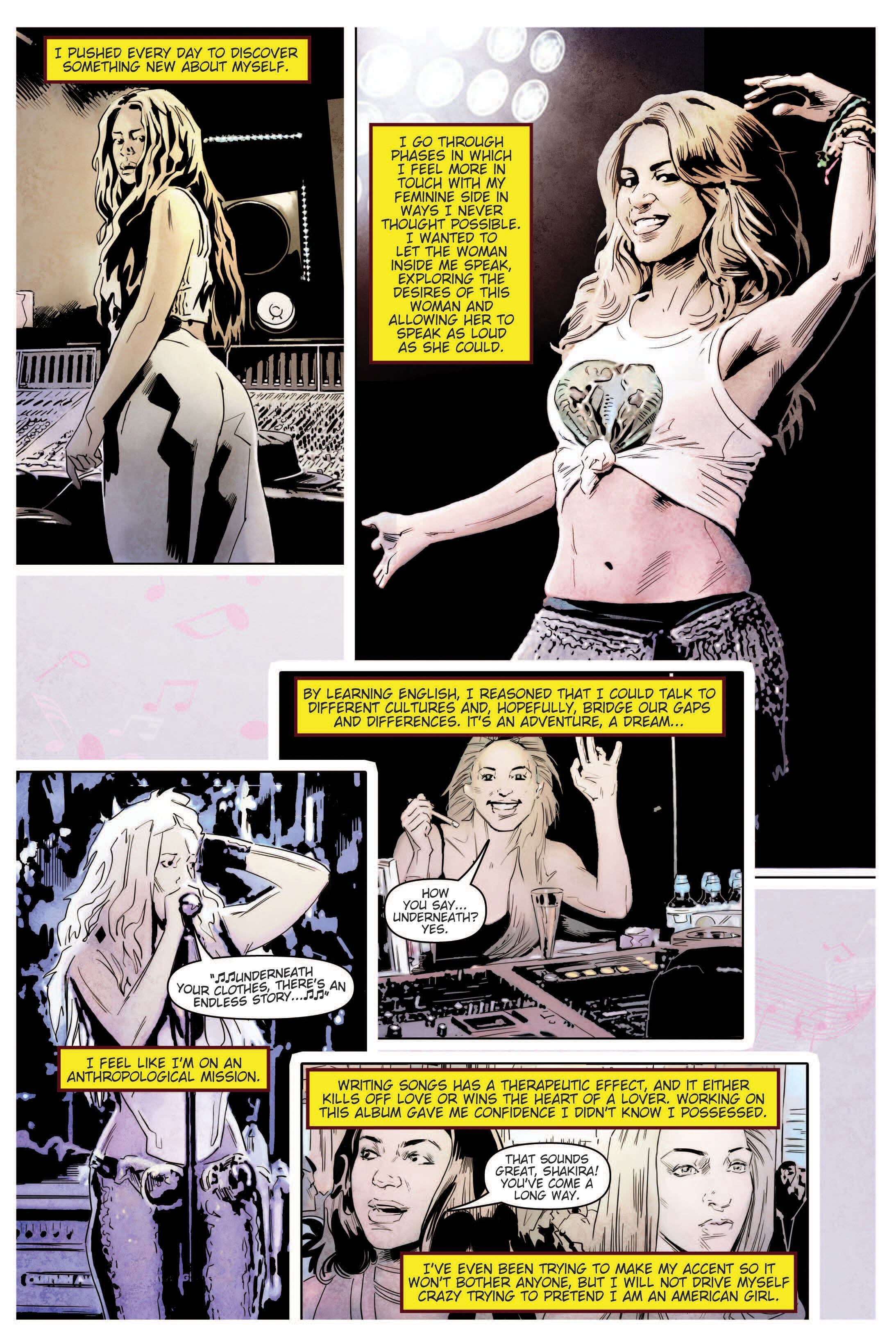Fotografía cedida por TidalWave Productions que muestra la página 21 del cómic dedicado a la cantante colombiana Shakira por la serie 'Female Force'. EFE/TidalWave Productions