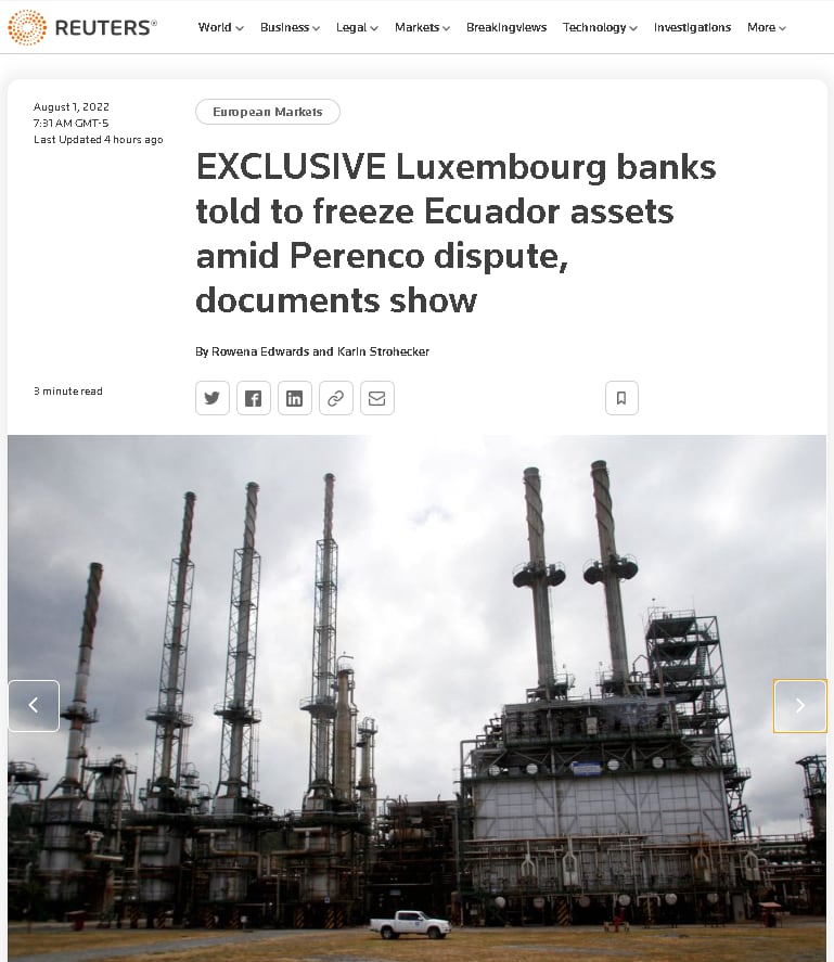 Ecuador no ha sido notificado de congelamiento de activos en Luxemburgo a favor de Perenco, pero asegura que cumplirá con laudo arbitral 