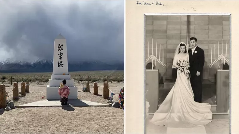 KONNO FAMILY Konno presenta sus respetos en Manzanar (izquierda), sus abuelos el día de su boda (derecha).