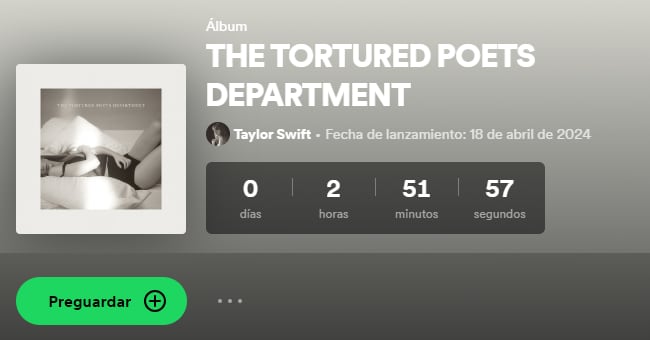 La cuenta regresiva en Spotify para Ecuador de "The tortured poets department".
