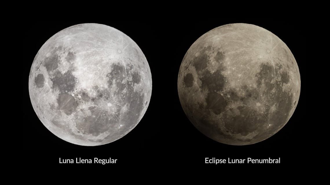 Diferencias entre una Luna llena regular y un Eclipse lunar penumbral. Foto: Vito Technology, Inc.