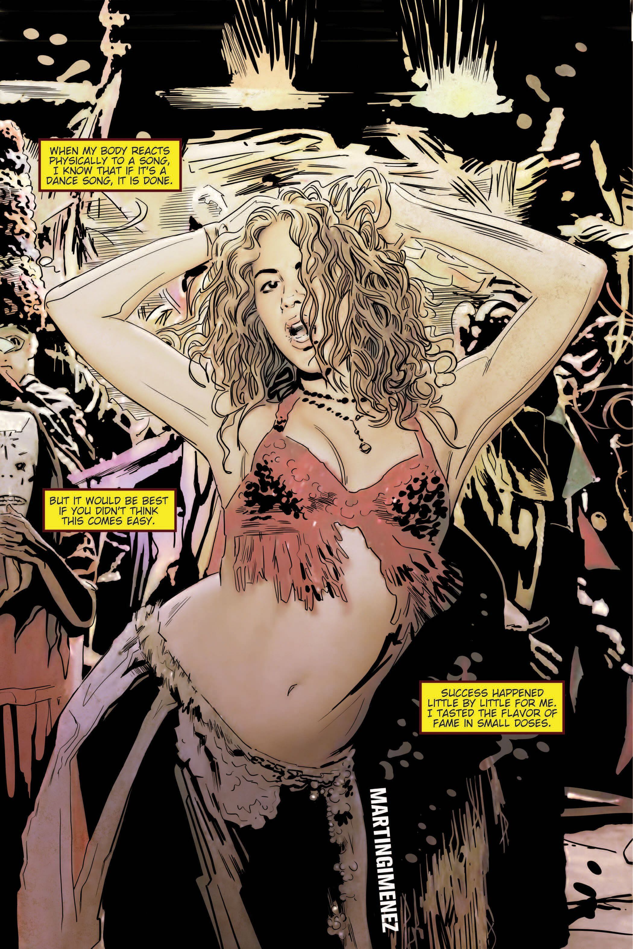 Fotografía cedida por TidalWave Productions que muestra la página cuatro del cómic dedicado a la cantante colombiana Shakira por la serie 'Female Force'. EFE/TidalWave Productions.