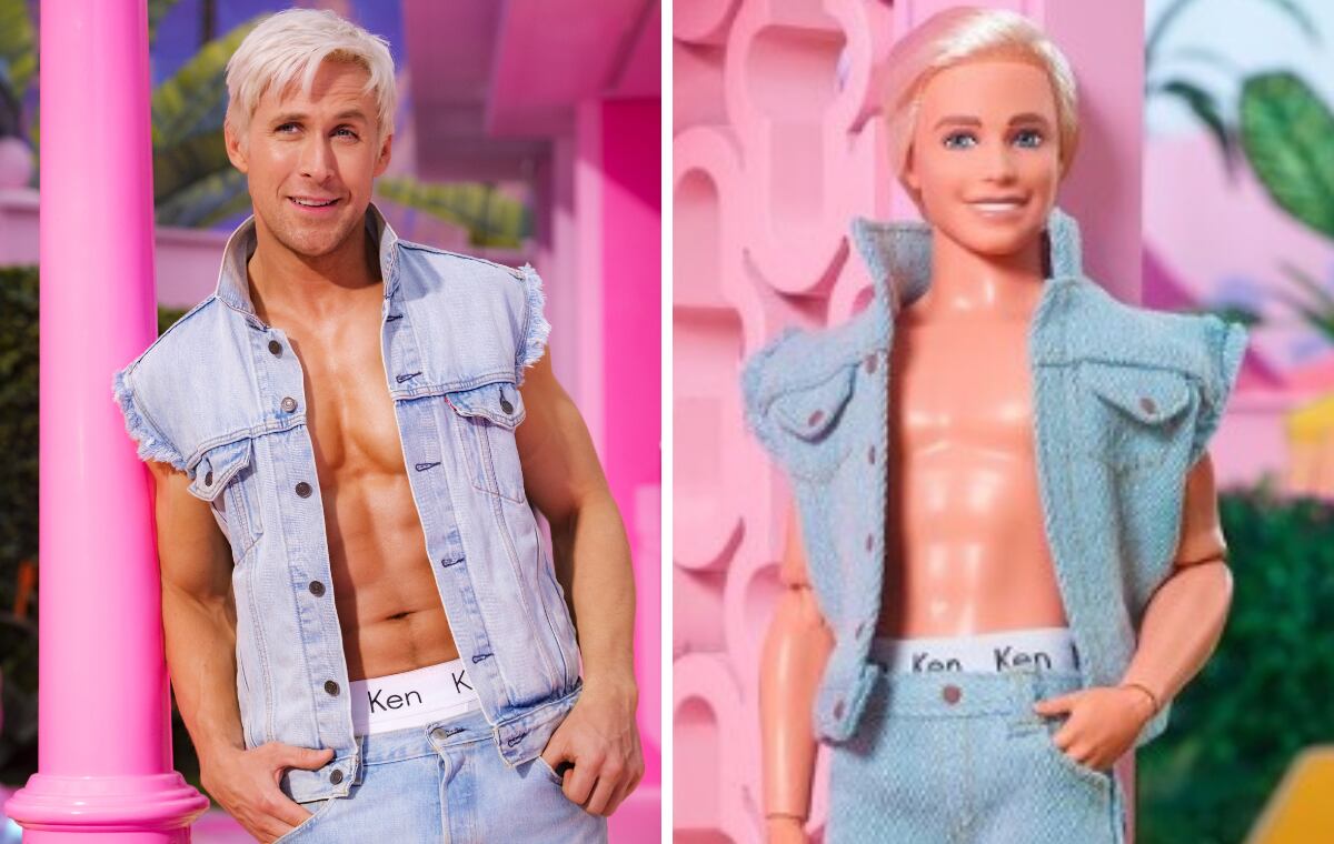 La primera foto, divulgada por Warner Bros. Pictures, aparece Ryan Gosling en su papel como Ken, para la película "Barbie". Al lado, la figura de Mattel inspirada en el filme.