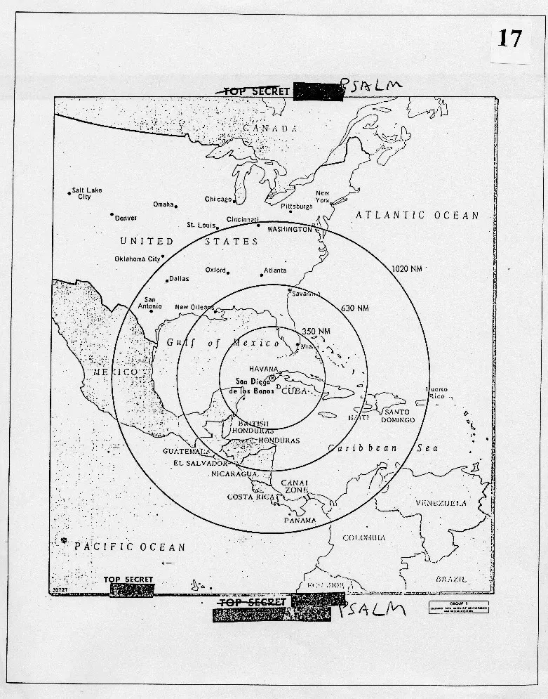 NATIONAL SECURITY ARCHIVE Mapa presentado en la primera sesión del EXCOMM que mostraba el alcance de los misiles nucleares soviéticos presentes en Cuba.