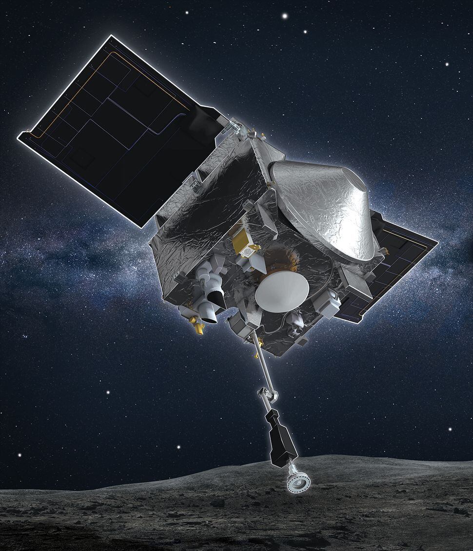 Concepción artística de la nave espacial OSIRIS-REx de la NASA que recolecta una muestra del asteroide Bennu. Foto: Universidad de Arizona/Centro de vuelos espaciales Goddard de la NASA