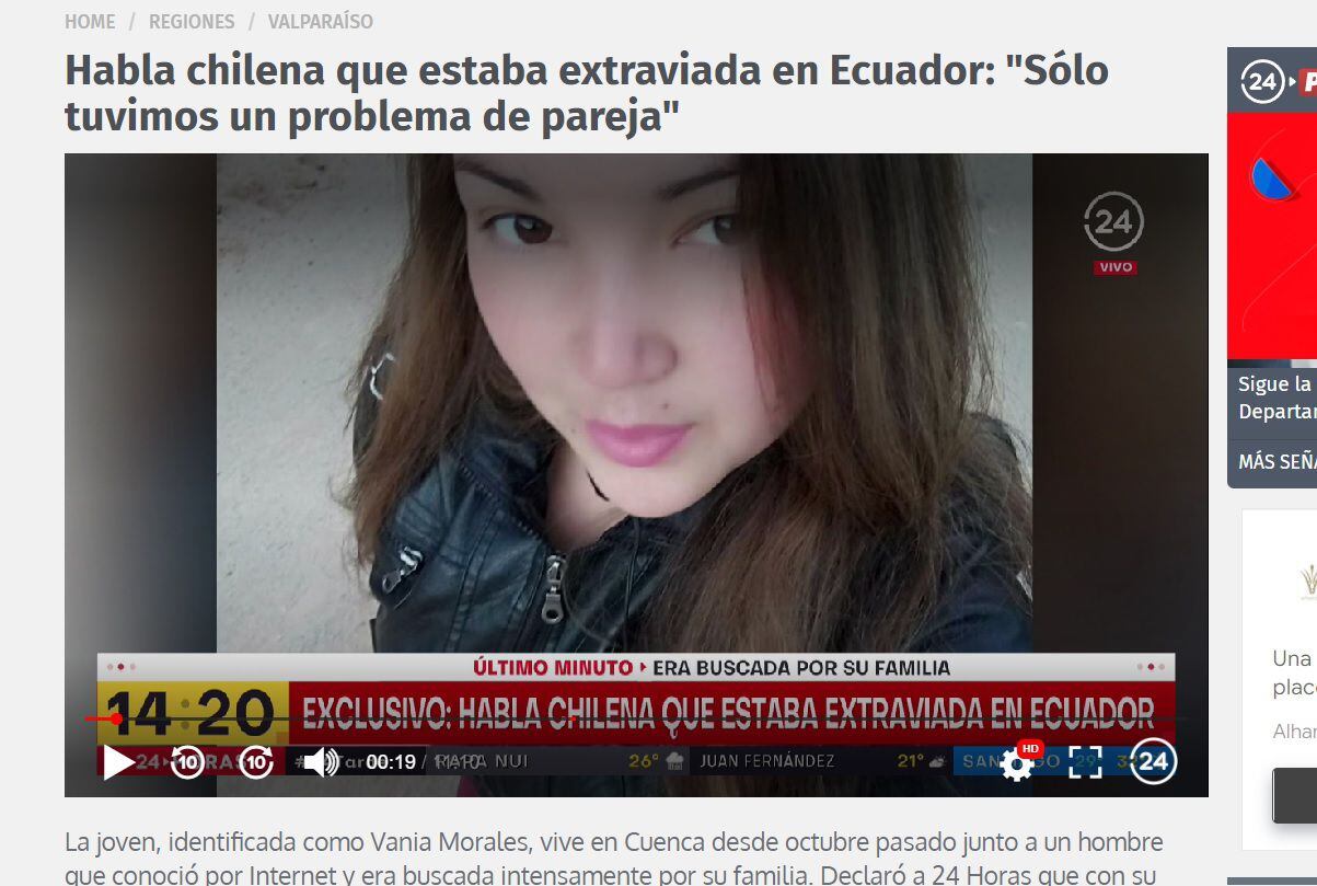 La mujer que estaba reportada en Chile como desaparecida habló desde Cuenca (por llamada a través de WhatsApp) con 24 Horas, de TVN, de Chile. Dijo que está bien. Foto: Captura de pantalla tomada de: www.24horas.cl
