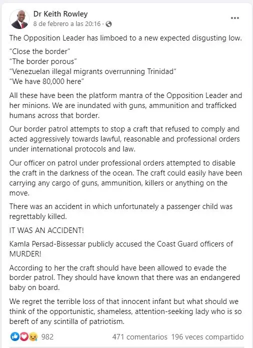 La respuesta del primer ministro trinitario, Keith Rowley, a la oposición sobre el caso de Yaelvis Santoyo.
