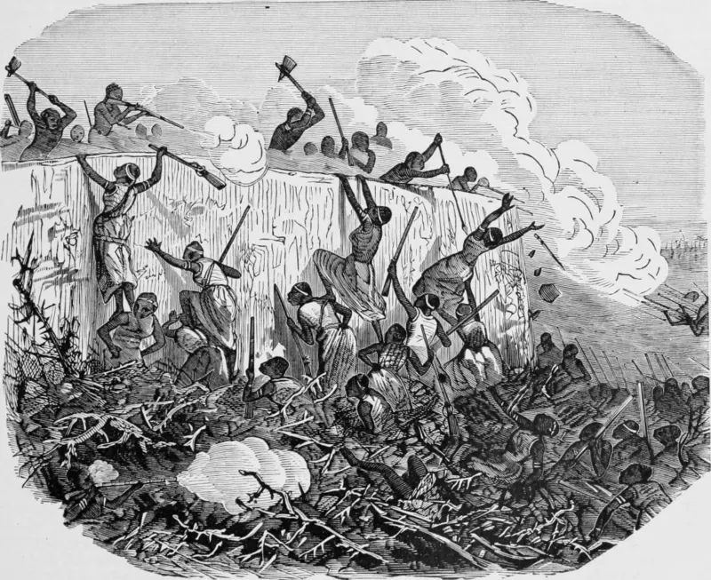 GETTY IMAGES Ilustración hecha en 1877 de la batalla de Abeokuta, en el suroeste de la actual Nigeria, que los invasores de Dahomey atacaron en 1851.