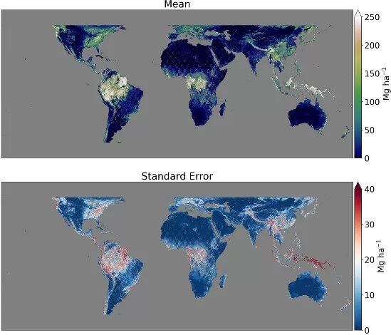 Visualización de datos de GEDI. Los colores representan las toneladas de biomasa aérea por hectárea en el mapa superior. El mapa inferior muestra el error de prediccion del modelo GEDI de biomasa. GENTILEZA ADRIÁN PASCUAL