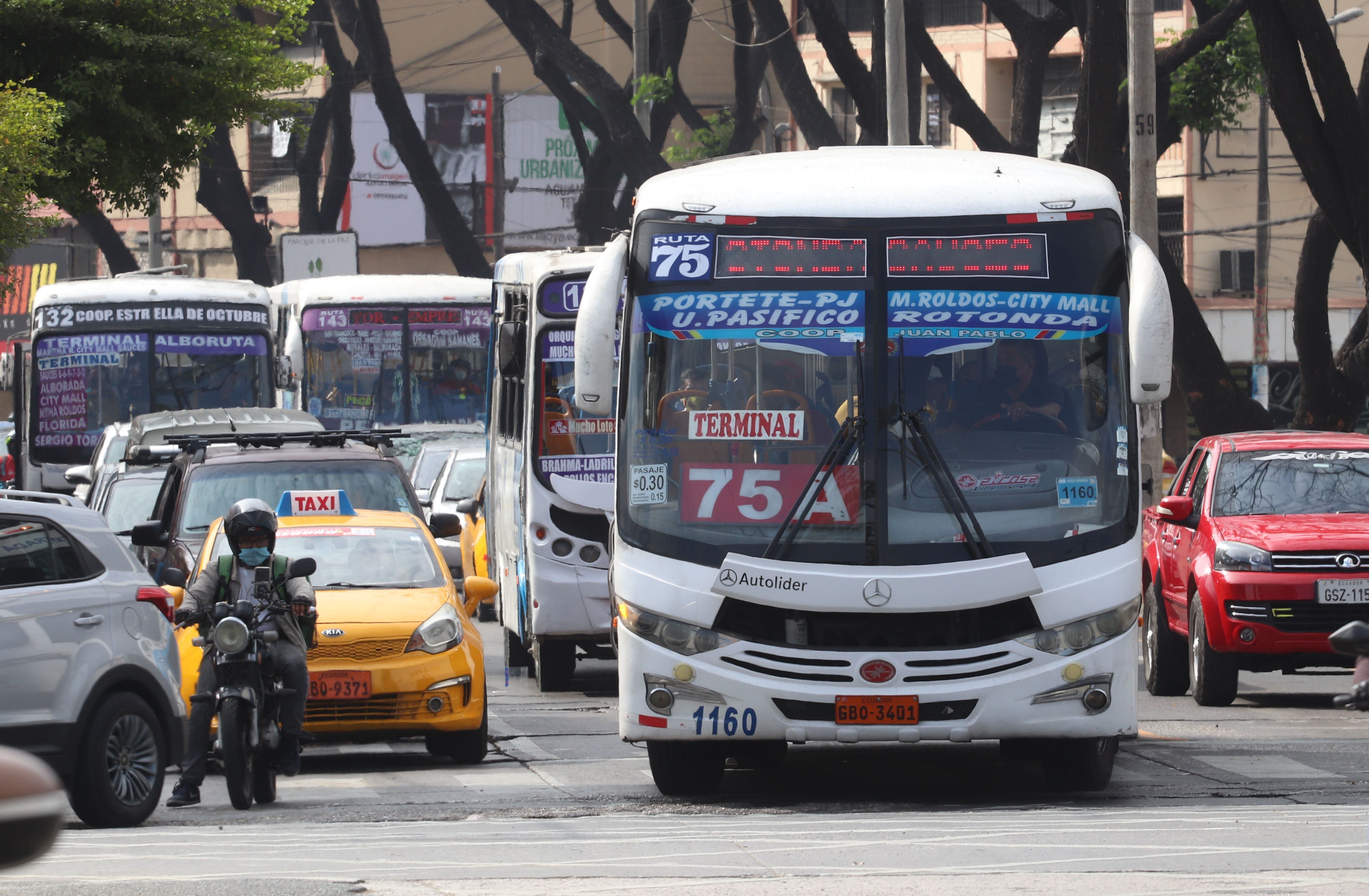 Conductores y dueños de buses de transporte público en Guayaquil aseguran que todavía no llegan a la esperada reactivación económica. Uno de sus limitantes es el aforo del 50 % con el que aún trabajan, dicen. Foto: Ronald Cedeño
