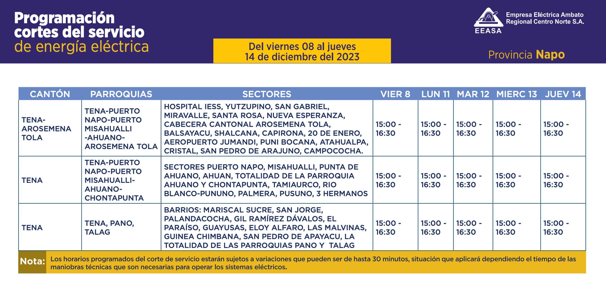 Horarios de cortes de luz en Napo para este lunes 11 de diciembre