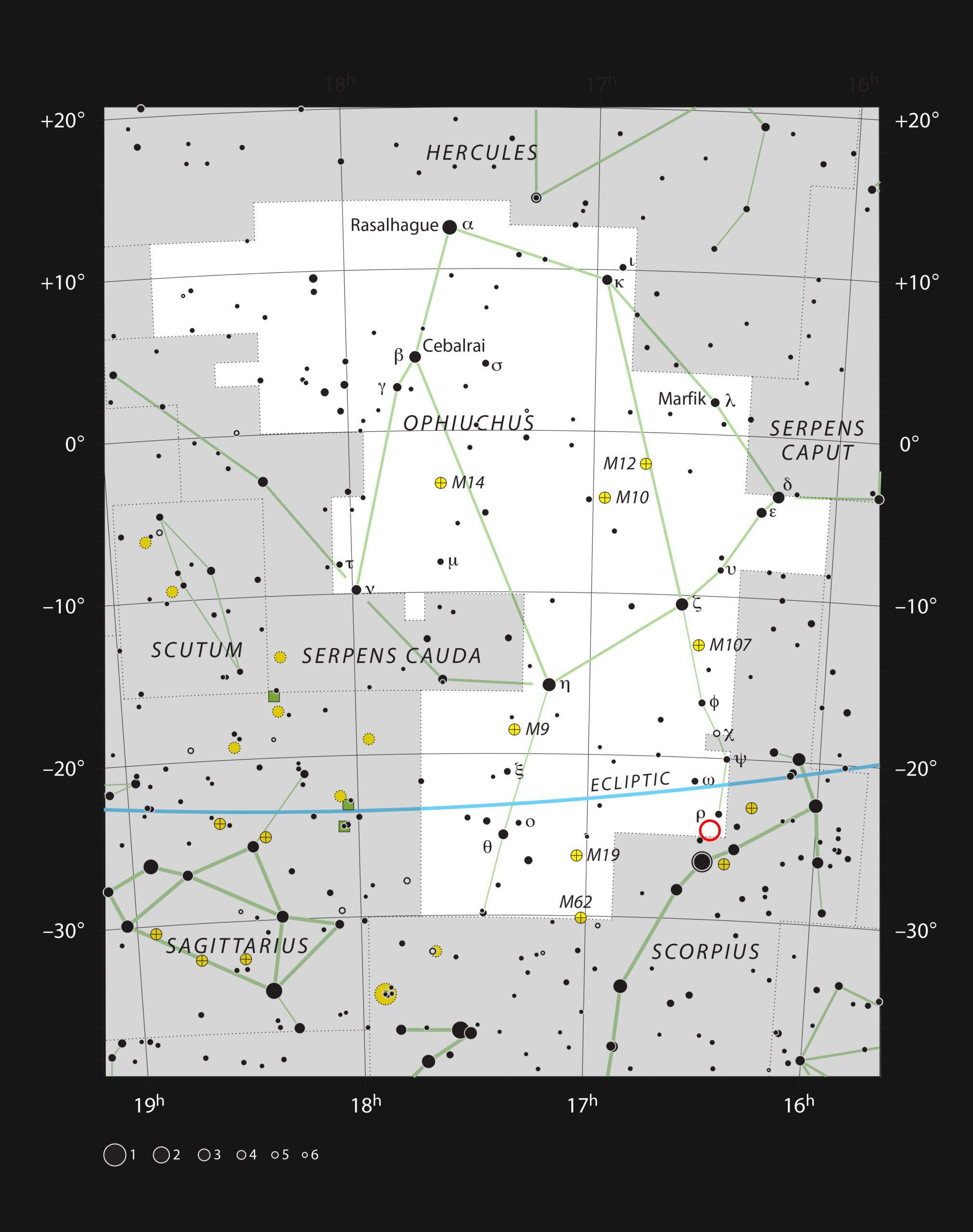 Este gráfico muestra la gran constelación de Ofiuco (El Portador de la Serpiente). La mayoría de las estrellas que se pueden ver en un cielo oscuro a simple vista están marcadas. La ubicación del sistema Oph-IRS 48 se indica con un círculo rojo.