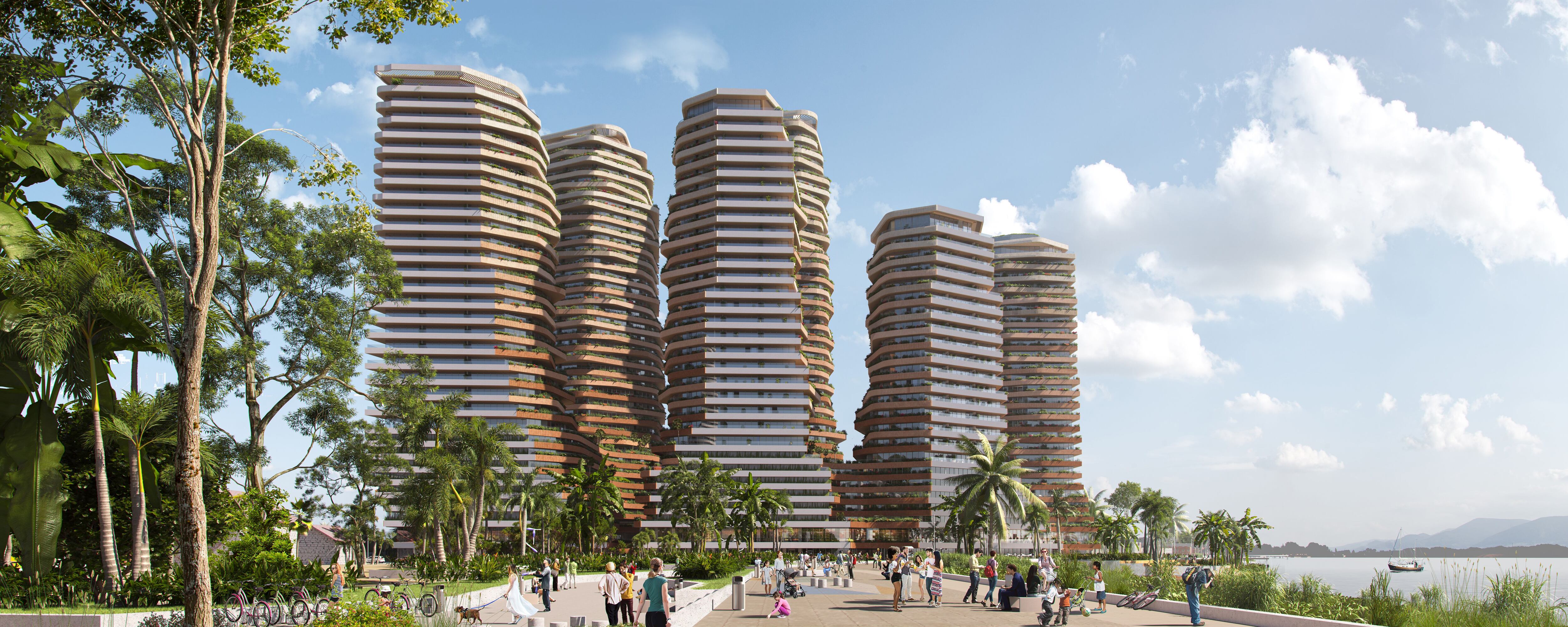 11/09/2022. Modelo de las cinco torres del complejo The Hills, que se construirá en Puerto Santa Ana, en Guayaquil. LA REVISTA, VIVIENDA