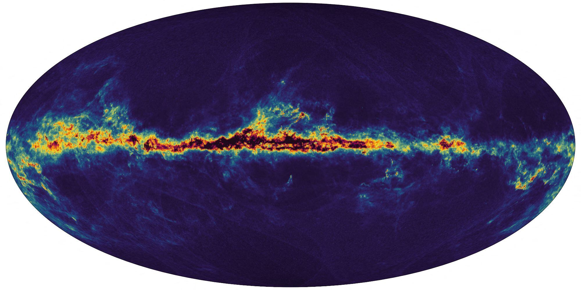 Esta imagen del folleto publicada por la Agencia Espacial Europea (ESA) el 13 de junio de 2022 muestra un mapa de la Vía Láctea elaborado con nuevos datos recopilados por la sonda espacial Gaia de la ESA, que muestra el polvo interestelar que llena la galaxia.
