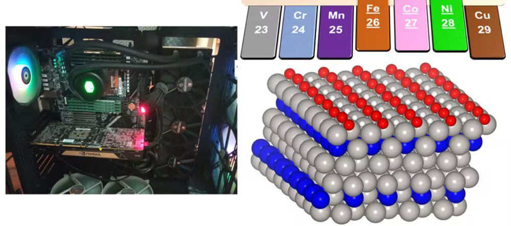 Ilustración 3. Tecnología de microcomputación (izquierda) y catalizador formado por una aleación de platino y cobalto con átomos de oxígeno (rojo) y hidrógeno (blanco) adsorbidos a su superficie para producir agua y electricidad (derecha). Chiara Biz, Author provided