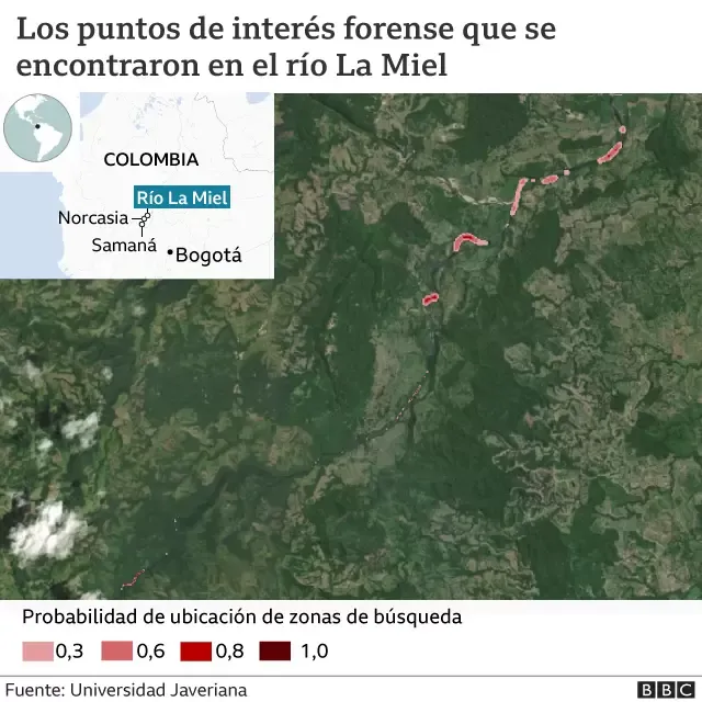 La investigación arrojó un mapa de calor que permite reconocer posibles puntos de interés donde podrían encontrarse cuerpos de desaparecidos en el río La Miel de Colombia.