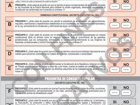 Una sola papeleta de colores salmón y gris recibirán los ecuatorianos para votar por la consulta y referendo