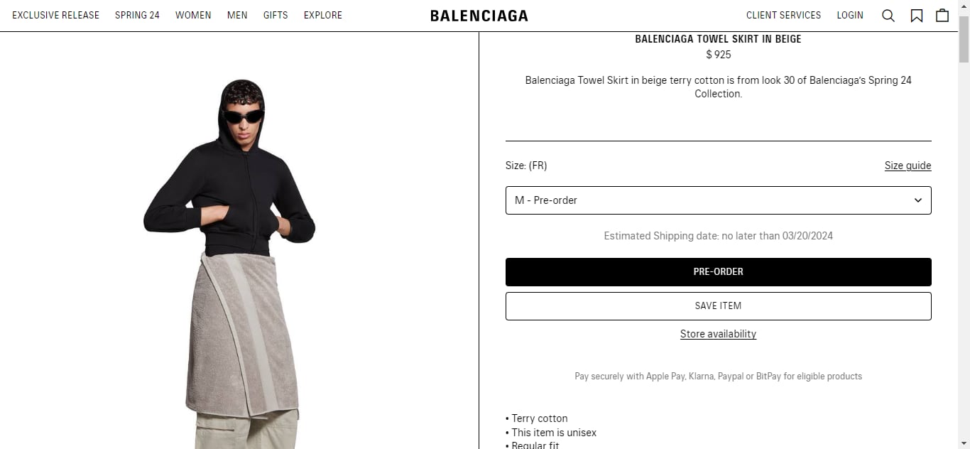 La famosa falda toalla unisex de Balenciaga. Es confeccionada en algodón y contiene un cinturón interior para ajustarse.